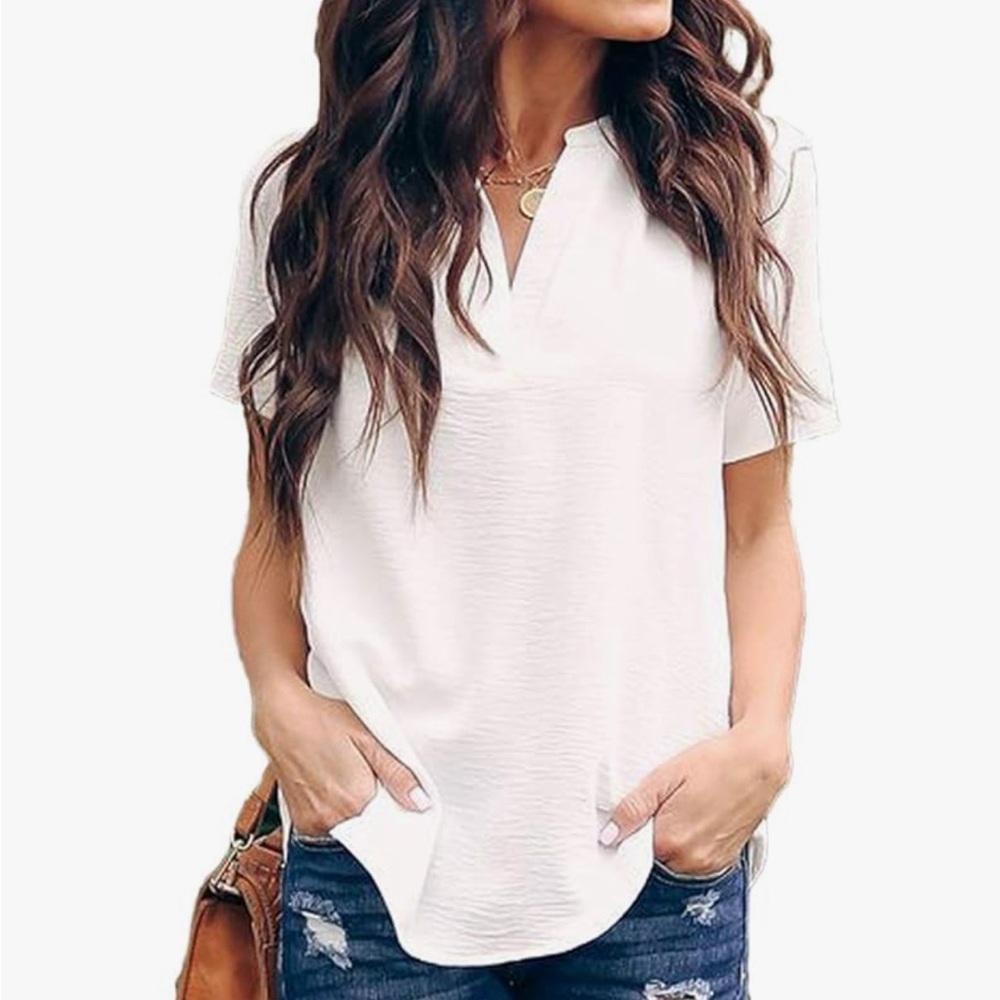 Allimy Women Summer Split V Neckline Chiffon Blouses Loose Tunic Short Sleeve